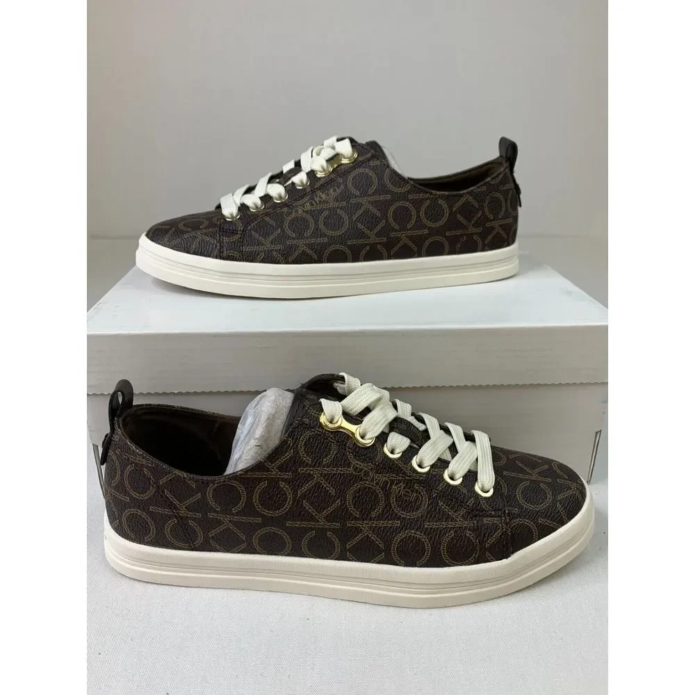 Calvin Klein Women Michaela Low-Top Sneaker Brown Monogram Lace-Up Shoes Sz 7.5M